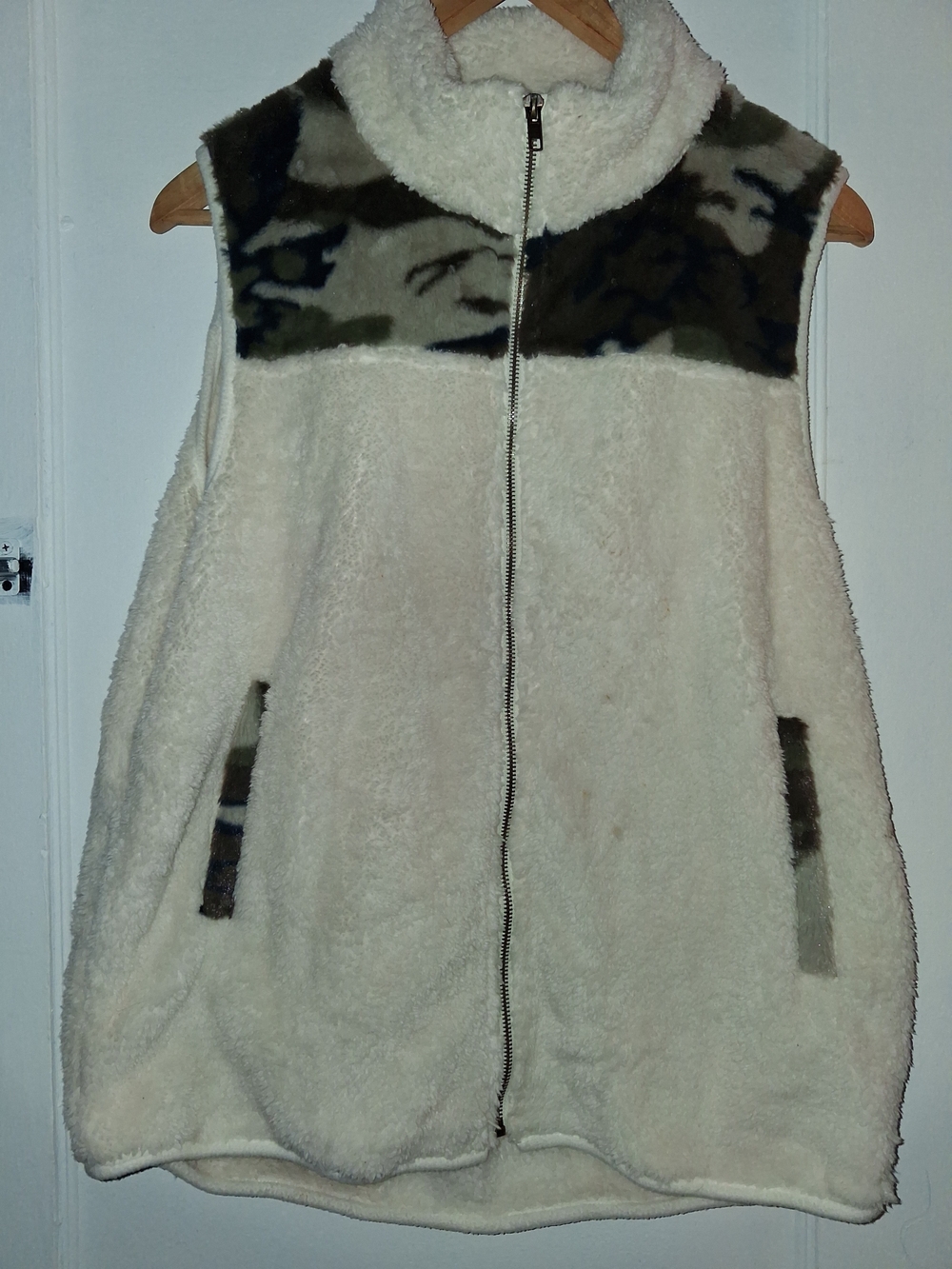 Cream Sherpa Vest with Camo Yoke and Trim
